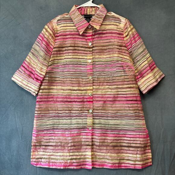 CitiKnits Sheer Seersucker Blouse Casual Button Down Striped Womens Small Artsy - Picture 1 of 11